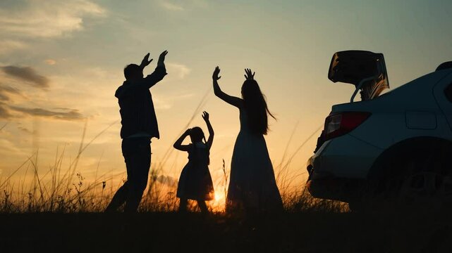 car journey, family car holiday dance sunset, mother father child kid girl daughter, parent dance with child nature, family dance hands up, flash mob parents girl daughter, summer party, happy hands