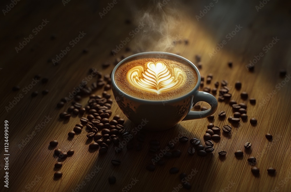 Poster warm and inviting latte art in a cozy setting surrounded by coffee beans and soft lighting for a per