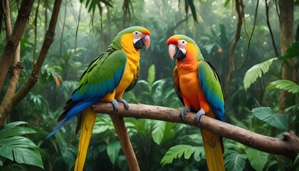 Two vibrant parrots perched on a branch in a lush, tropical environment