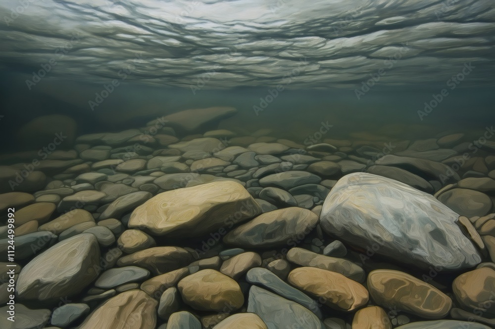 Poster sunlight streaming through the water, illuminating rocks and pebbles on the riverbed, creating mesme
