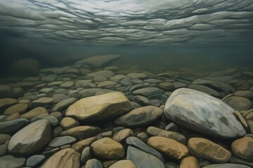 Obraz premium Sunlight streaming through the water, illuminating rocks and pebbles on the riverbed, creating mesmerizing surface ripples and reflections