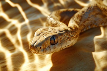 Obraz premium A sidewinder snake expertly navigates the warm, sunlit sands of a desert, showcasing its unique movement and beautiful scales