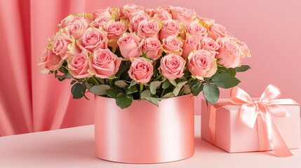 Beautiful bouquet flowers pink roses in vase and gift box with satin bow on pastel pink background table. Birthday, Wedding, Mother's Day, Valentine's day, Women's Day. Front view. copy space.