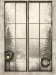 Ventana de navidad con paisaje invernal