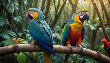 Obraz premium Two vibrant parrots perched on a branch in a lush, tropical environment