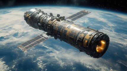 Fototapeta premium A futuristic spacecraft in orbit above Earth.