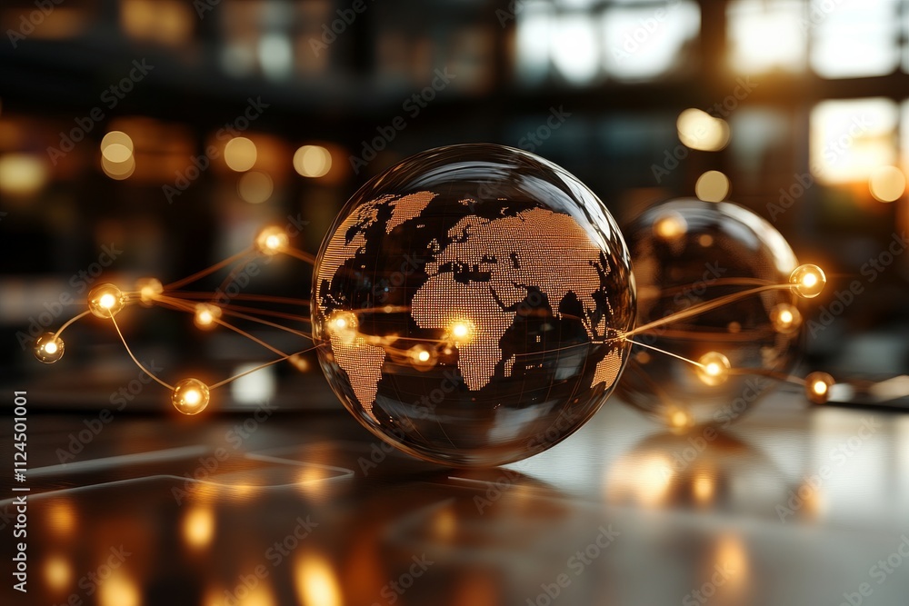 Aufkleber global connectivity represented in a modern office environment with illuminated world globes and net