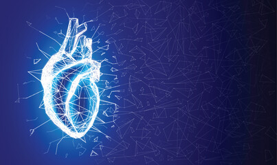 3D illustration of geometric structure connected to form a human heart shape on a dark blue background. Used in medicine, education, science, advertising and industry.