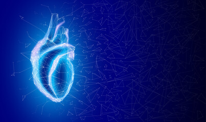 3D illustration of geometric structure connected to form a human heart shape on a dark blue background. Used in medicine, education, science, advertising and industry.