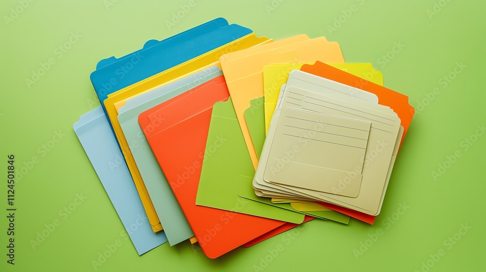 Poster a stack of colorful folders on a green background.