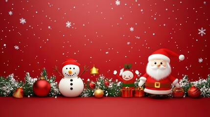 Fototapeta premium Snowman and Christmas ornaments on red snowy background