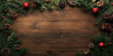 Christmas Wooden Background  Festive Fir Branches  Pinecones  and Ornaments
