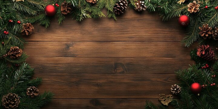 Christmas Wooden Background  Festive Fir Branches  Pinecones  and Ornaments