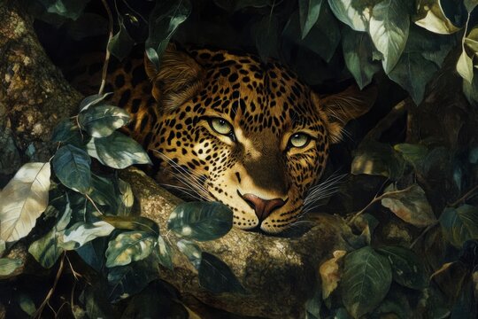Nestled among lush green leaves, a leopard quietly watches the forest below, embodying the spirit of wildlife conservation on World Wildlife Day. Its piercing gaze highlights the beauty of nature