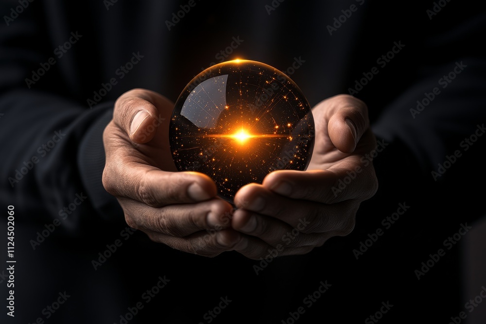 Poster hands holding a glowing crystal orb with a sparkling core, illuminated in a dark setting