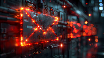 Cyberpunk Email Transmission: Glowing digital mail icon on a dark, futuristic circuit board.  A stylized image representing digital communication in a high-tech, cyberpunk aesthetic.