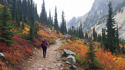 A hiker on a rugged mountain path surrounded by a mix of evergreen and deciduous trees, with vibrant autumn leaves on the ground.