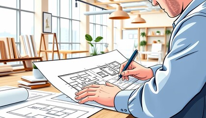 Architect Writing on Blueprints