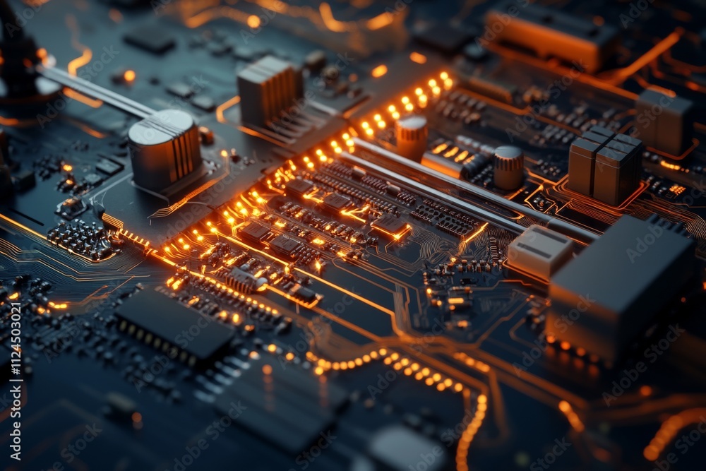 Aufkleber close-up view of a complex circuit board illuminated by orange light in a tech-focused environment