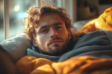 Fototapeta premium Stressed man sitting on couch at home suffering from migraine headache with blurry vision dizziness and high blood pressure