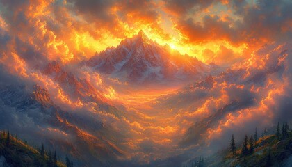 Majestic Sunrise Over Snowy Mountains with Golden Light and Dramatic Contrasts