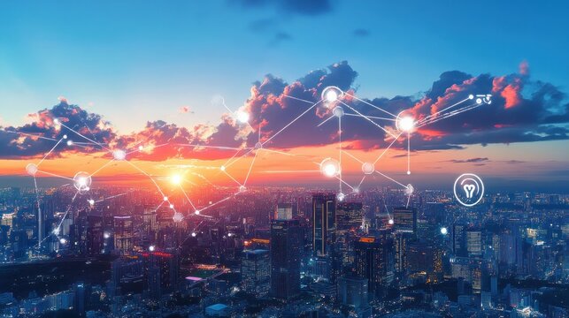 Futuristic City Skyline with Digital Navigation and Networking