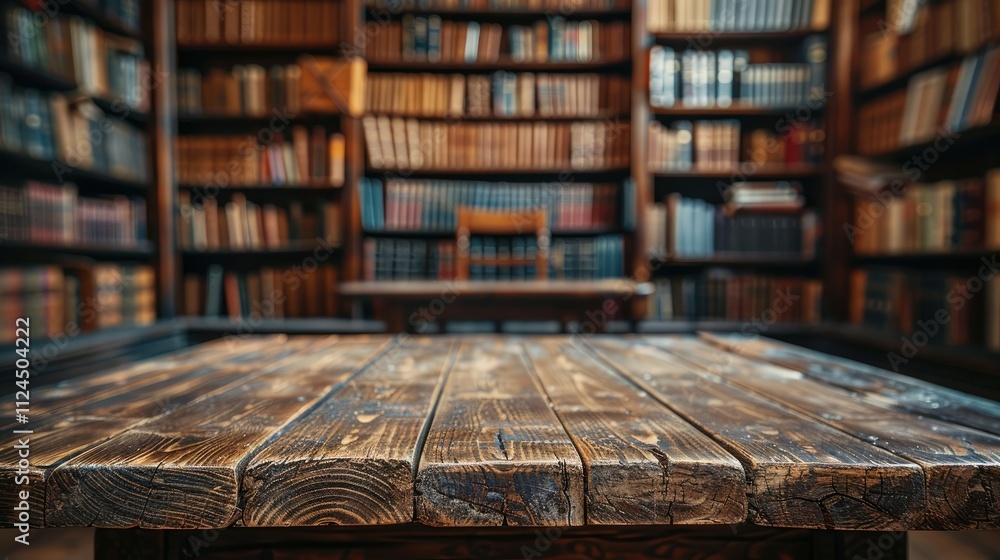 Poster rustic wooden table in front of a large, old library filled with bookshelves.