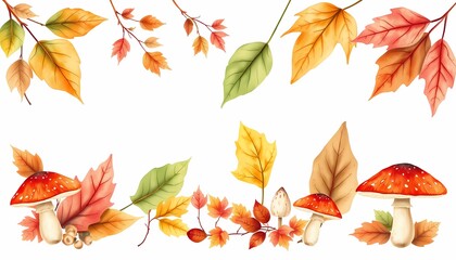 Obraz premium Watercolor Autumn Leaves and Mushrooms Set