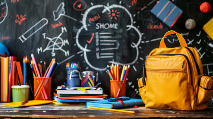 Obraz premium Backpack, Chalkboard, School Supplies: A yellow backpack sits on a wooden desk with colorful school supplies and a chalkboard covered in chalk drawings.