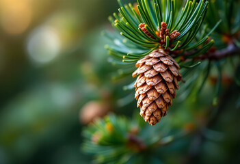 A close-up of a pine cone on a pine tree branch with green needles against a blurred natural background