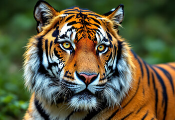 A close-up portrait of a Siberian tiger with striking orange and black striped fur, piercing yellow eyes, and a powerful expression against a blurred green natural background