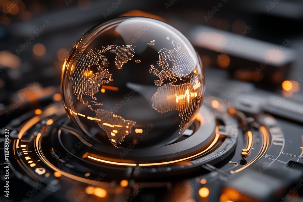 Poster modern globe with glowing map design showcased on a futuristic technology background