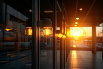 Glowing lights illuminate a walkway as the sun sets over the horizon at a modern urban location