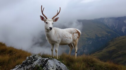 Obraz premium A majestic white deer with perfect antlers, in the beautiful mountains