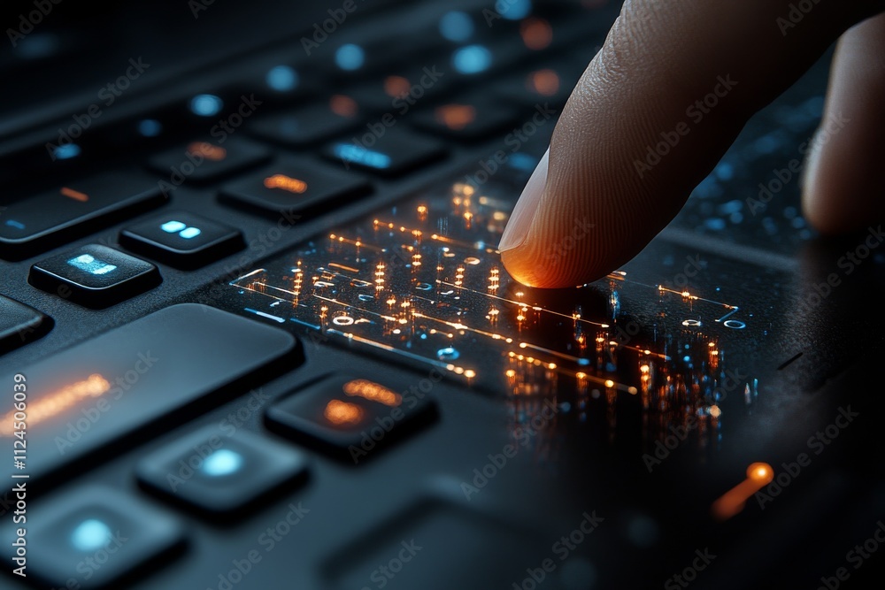 Aufkleber close-up of a hand interacting with a futuristic computer keyboard illuminated by vibrant lights