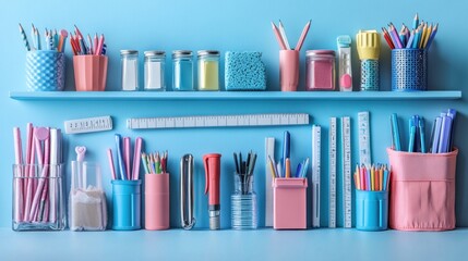 Obraz premium Organized stationery and supplies on a blue background.