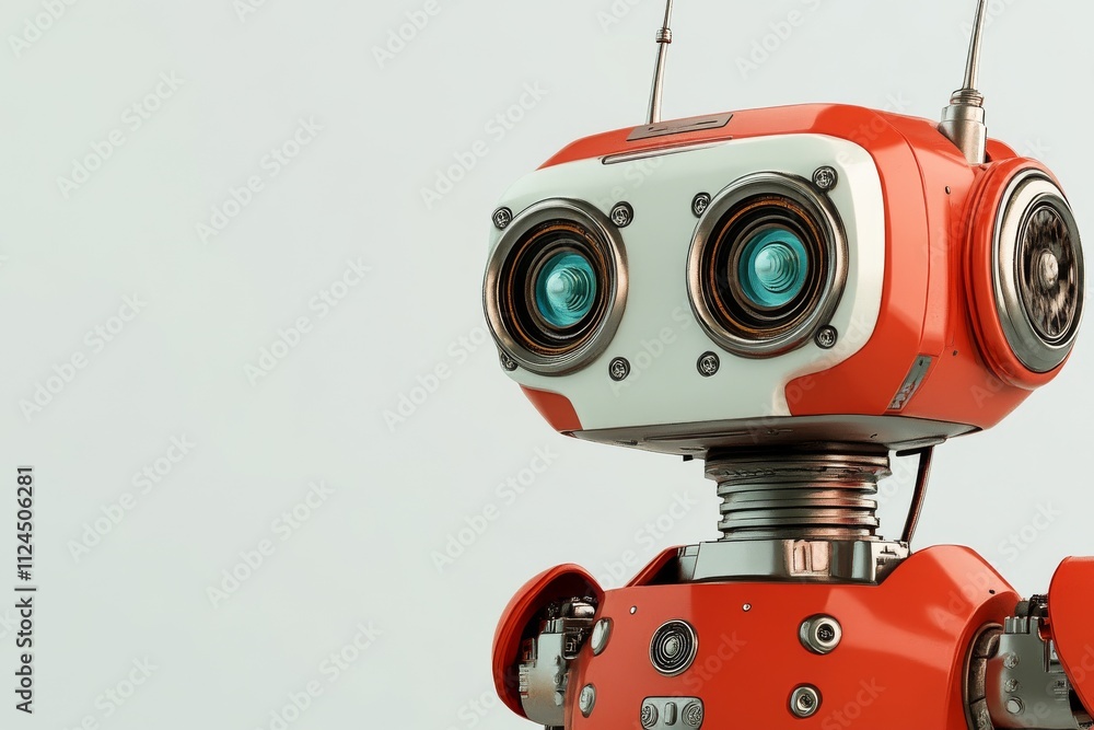 Poster playful red robot with expressive eyes showcases advanced design in a modern studio environment