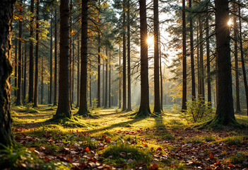 Fototapeta premium A forest with tall pine trees and a grassy floor covered in fallen leaves