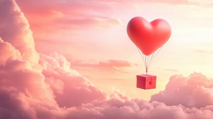 Obraz premium A Box flying on a parachute with pink cloud in valentine day,package flying down from sky and cloud with parachute, concept for delivery service,shopping online,air delivery service.