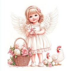 Fototapeta premium Magical Easter Moment with Angel Girl, Chickens, and Spring Flowers on White Background