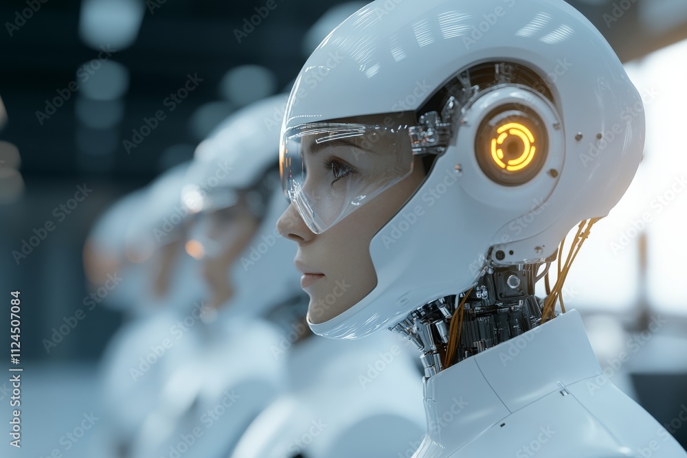 Aufkleber advanced humanoid robots in a high-tech facility showcasing cutting-edge artificial intelligence tec