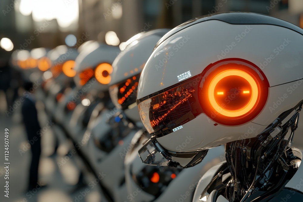 Aufkleber futuristic robots with glowing eyes on display at a technology expo in a bustling urban setting
