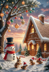 A cheerful snowman and squirrels enjoy a festive winter scene. The gingerbread house and decorated tree create a magical holiday 
atmosphere.