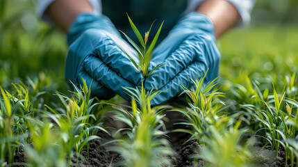 Nurturing New Growth: Close-up of gloved hands gently tending to a vibrant young plant, symbolizing care, growth, and environmental responsibility.