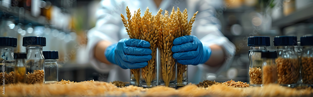 Poster wheat research: a scientist in a lab setting holds wheat samples in gloved hands, showcasing the ded