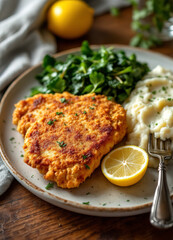 A plate with a breaded and fried chicken cutlet, mashed potatoes, and saut&eacute;ed greens