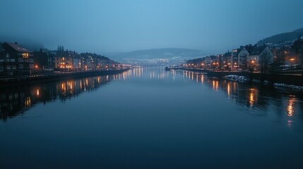 Fototapeta premium Serene twilight cityscape reflected in calm river waters.