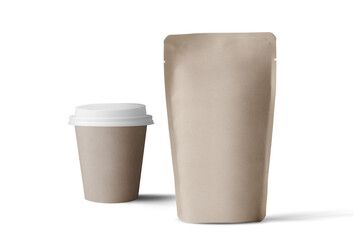 Food packaging mockup png with paper cup and pouch