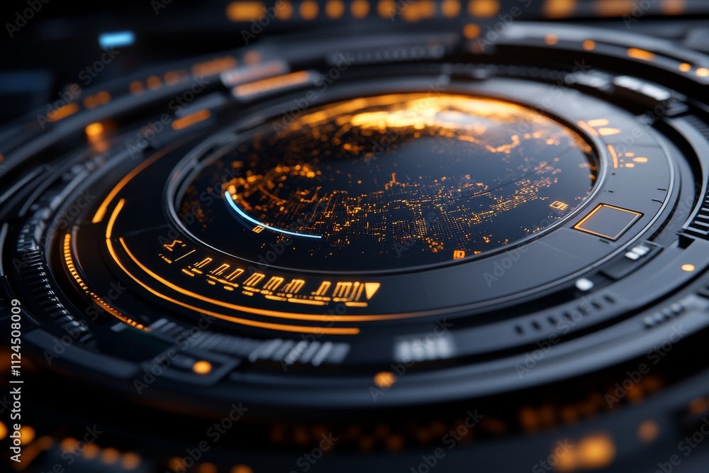 Poster high-tech futuristic interface displaying a digital map of a city at night with glowing effects