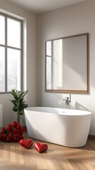 Fototapeta premium Romantic Valentine's Day setup in a modern bathroom featuring red roses, heart-shaped balloons, and a white bathtub for a special celebration